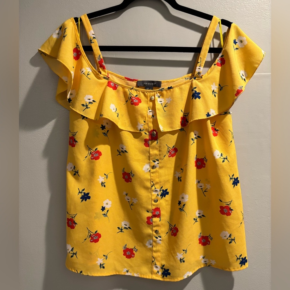 Primark Yellow Floral Off-Shoulder Ruffle Tank Size 10